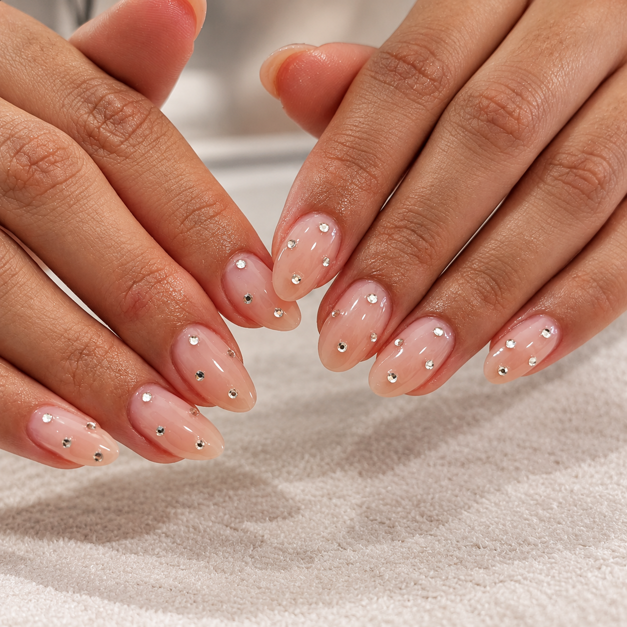 Unhas nude com brilho de cristais